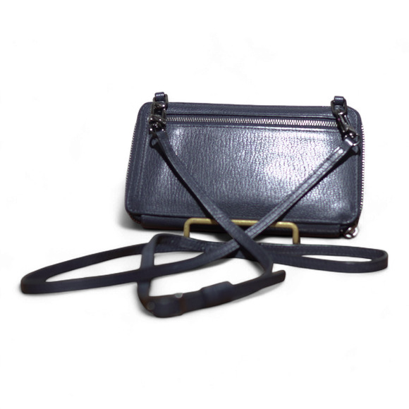 TUMI Phone Holder Wallet w/ Crossbody Strap Navy Leather RFID Gun Metal Hardware - Picture 2 of 12